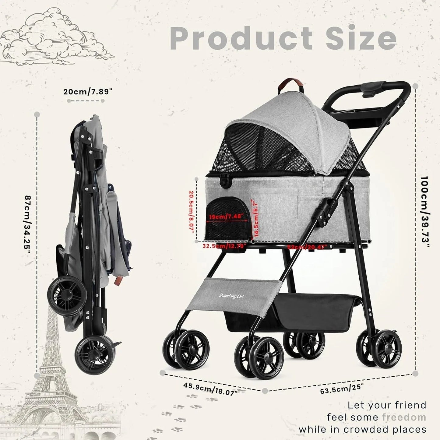 Collapsible Pet Stroller Large Storage Basket