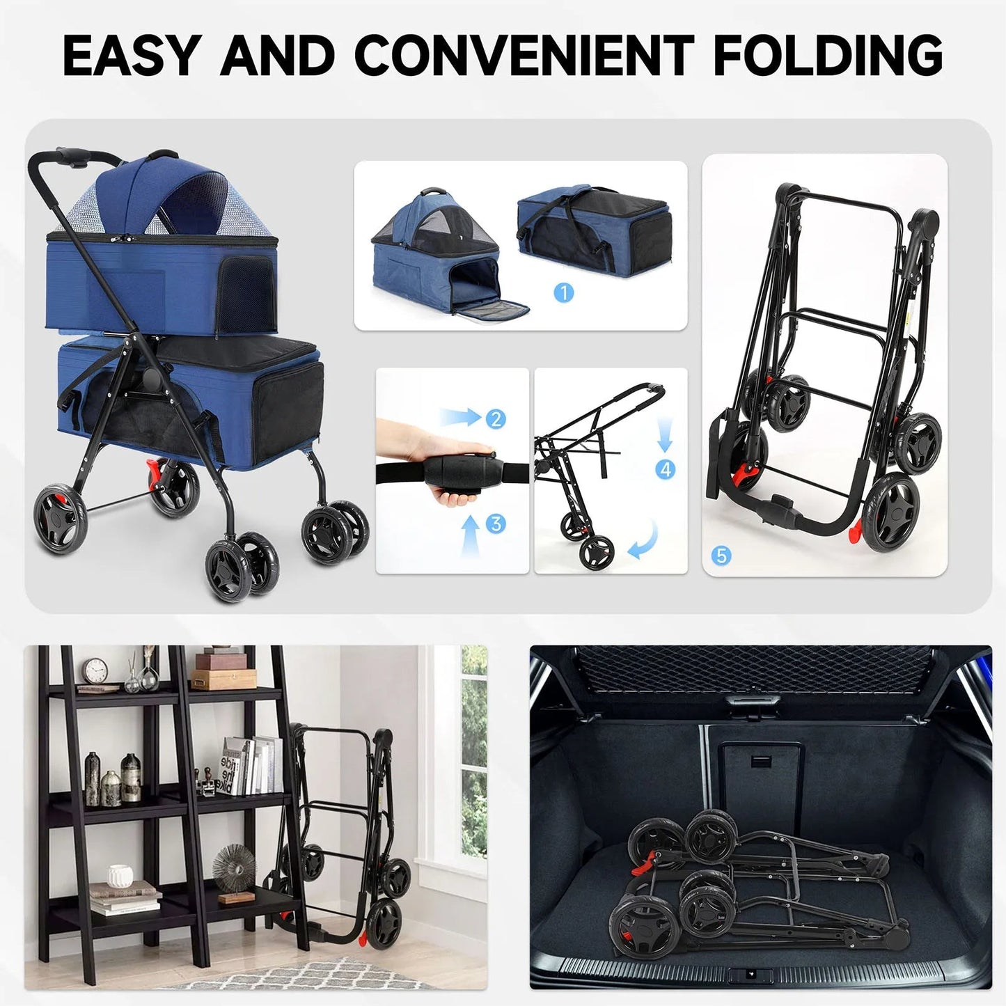 Dual Pet Collapsible Stroller For Dogs Cats