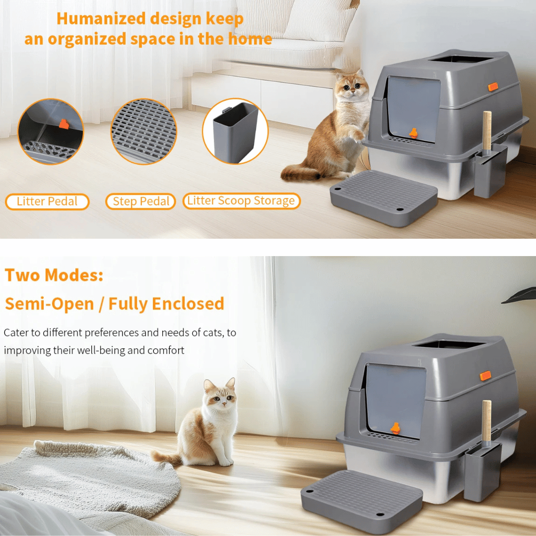 Stainless Steel Covered Cat Litter Box with Accessories