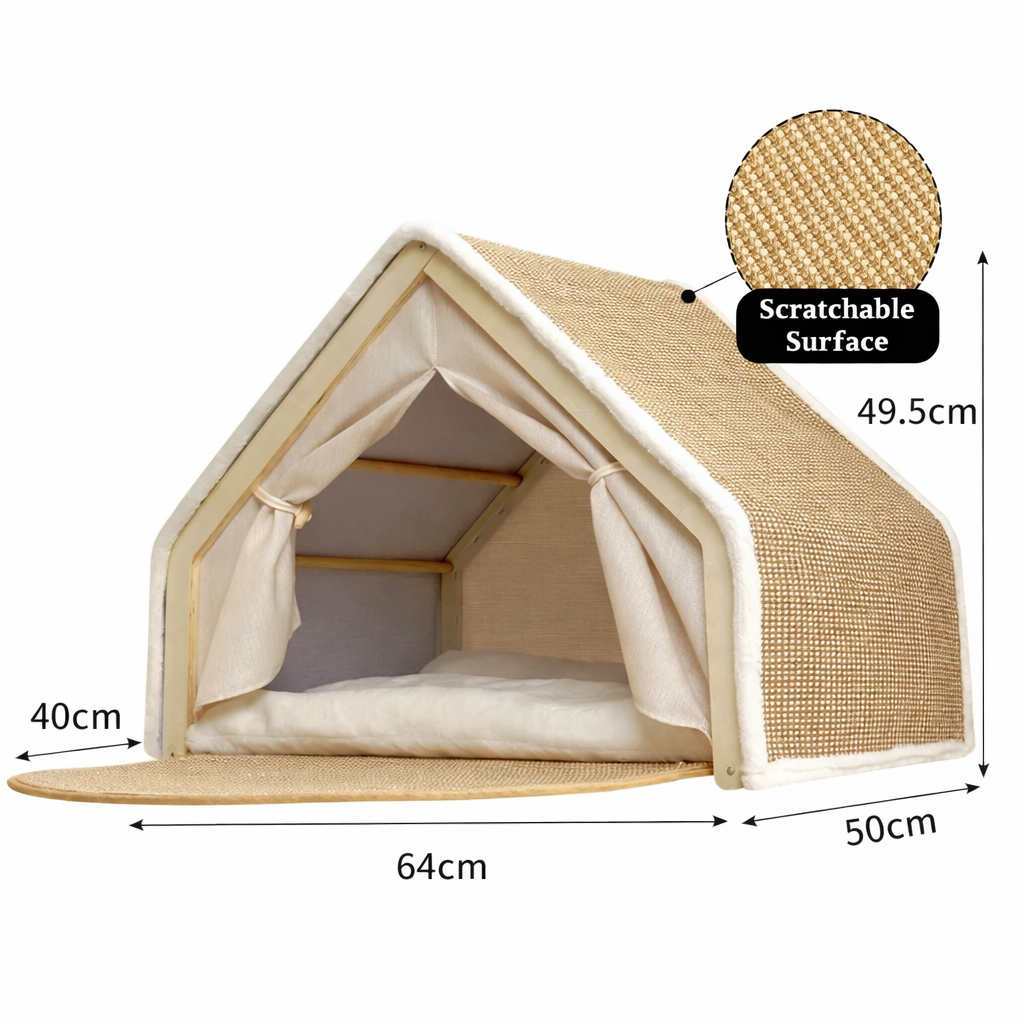 Wooden Cat House With Scratching Mat