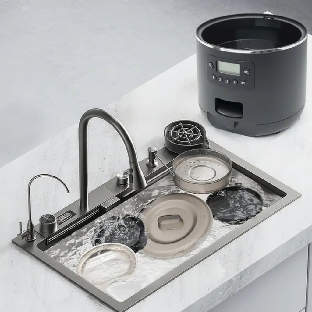Modern kitchen sink with automatic pet feeder components on a light gray background