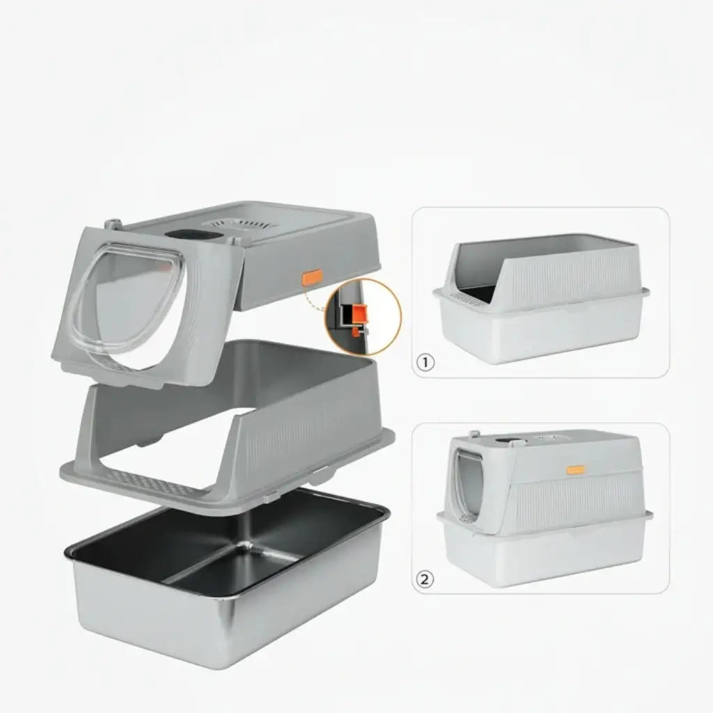 Set of litter boxes views with various compartments on a white background