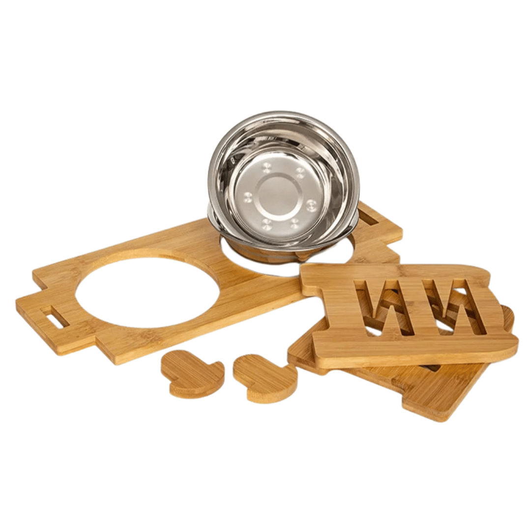 Portable Pet Feeder Adjustable Height 2 Metal Bowls