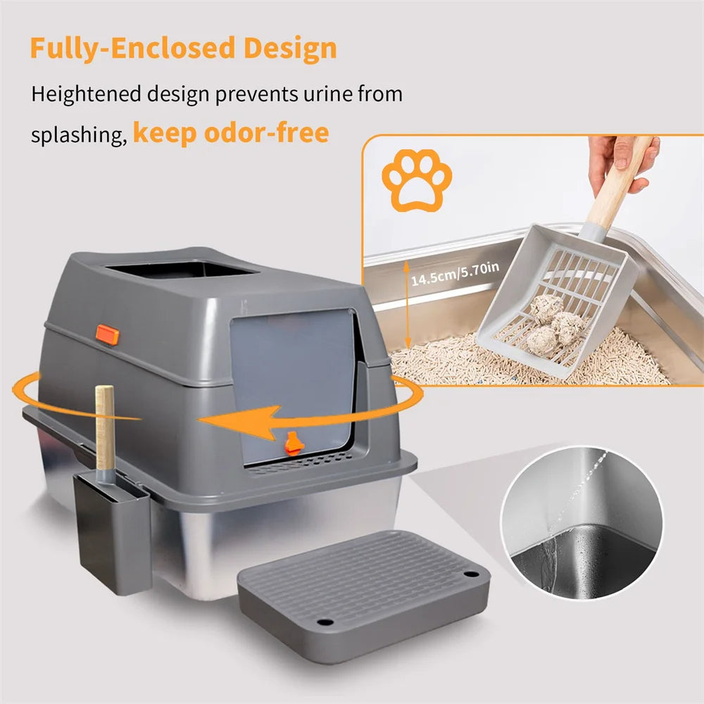 Stainless Steel Covered Cat Litter Box with Accessories