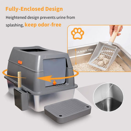 Stainless Steel Covered Cat Litter Box with Accessories