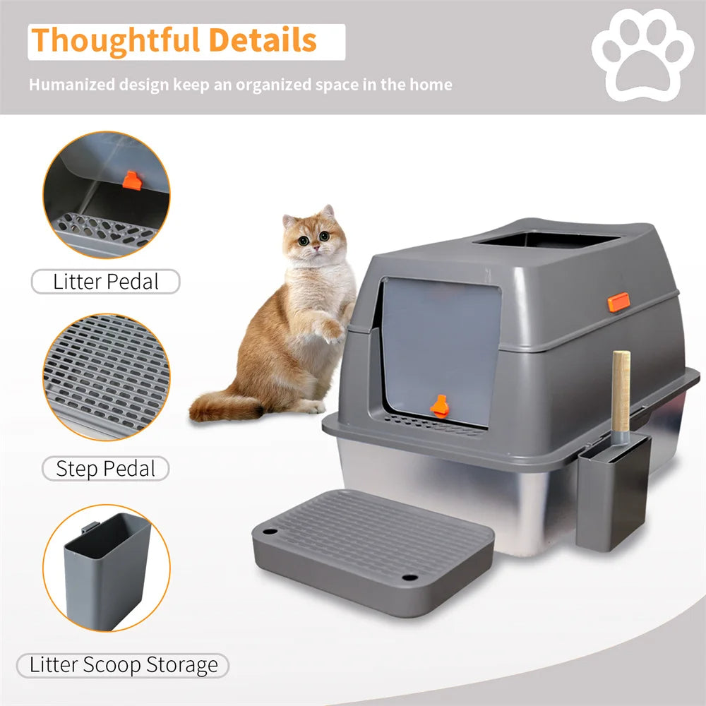 Stainless Steel Covered Cat Litter Box with Accessories