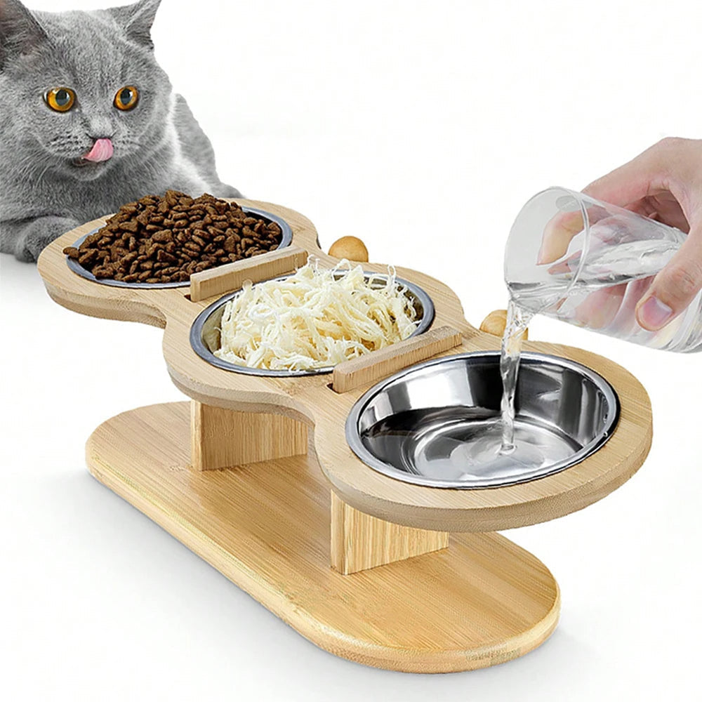 Wooden Cat Feeder 3 Metal Bowls Elevated - Pupporia