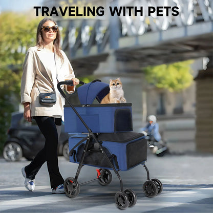 Dual Pet Collapsible Stroller For Dogs Cats