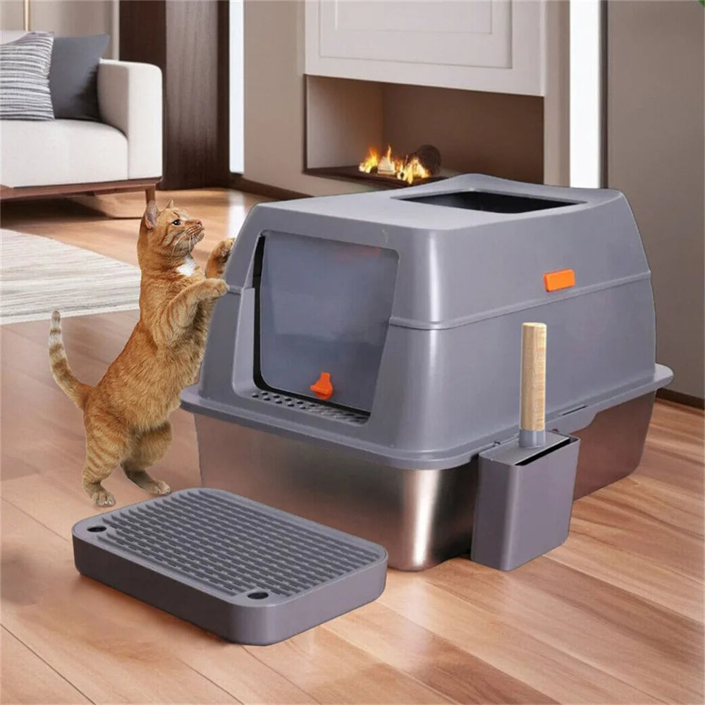 Stainless Steel Covered Cat Litter Box with Accessories