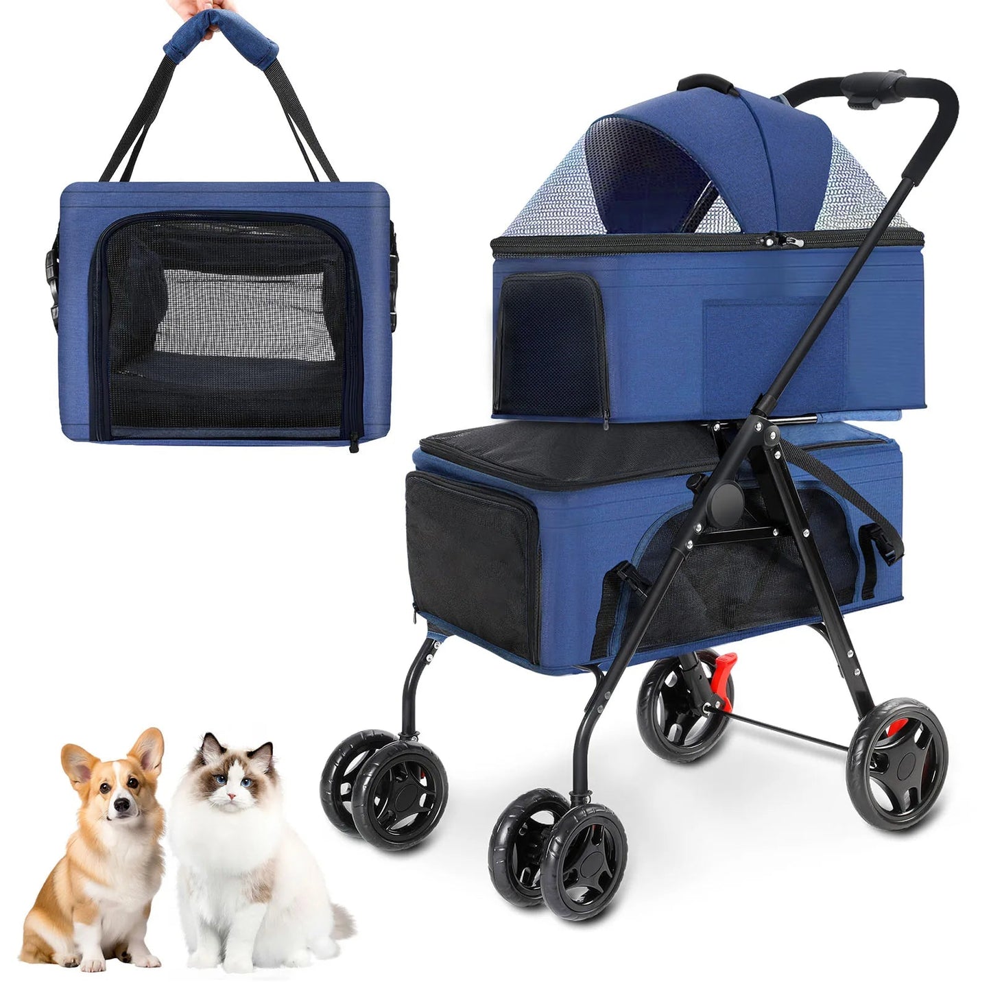 Dual Pet Collapsible Stroller For Dogs Cats