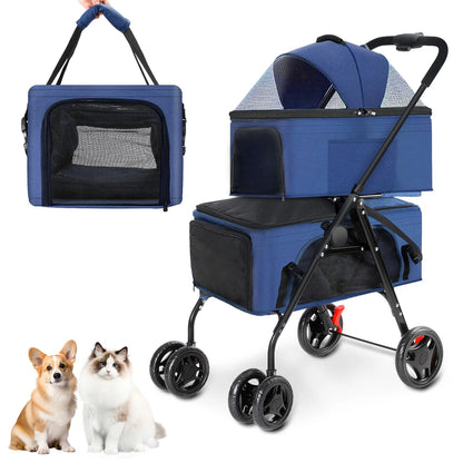 Dual Pet Collapsible Stroller For Dogs Cats