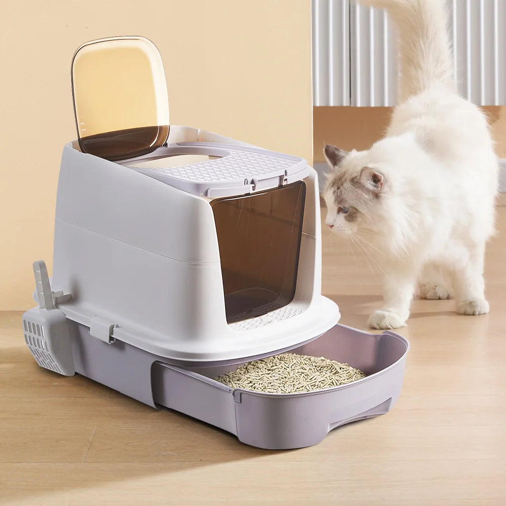 Large Covered Cat Litter Box Easy Clean Tray