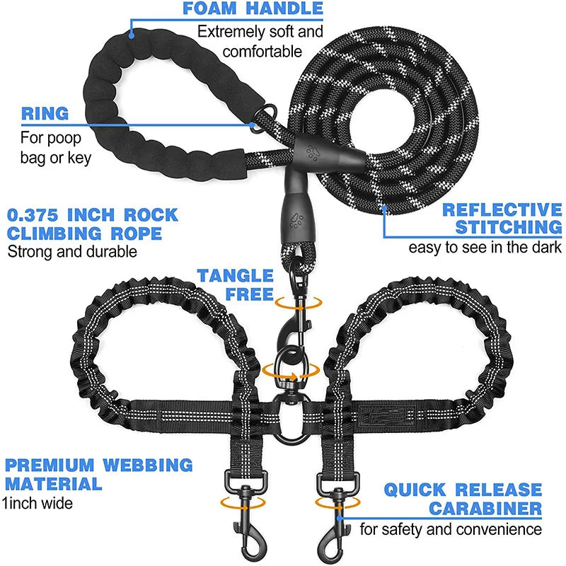 Dual Dog Leash Comfort Grip Reflective Strap
