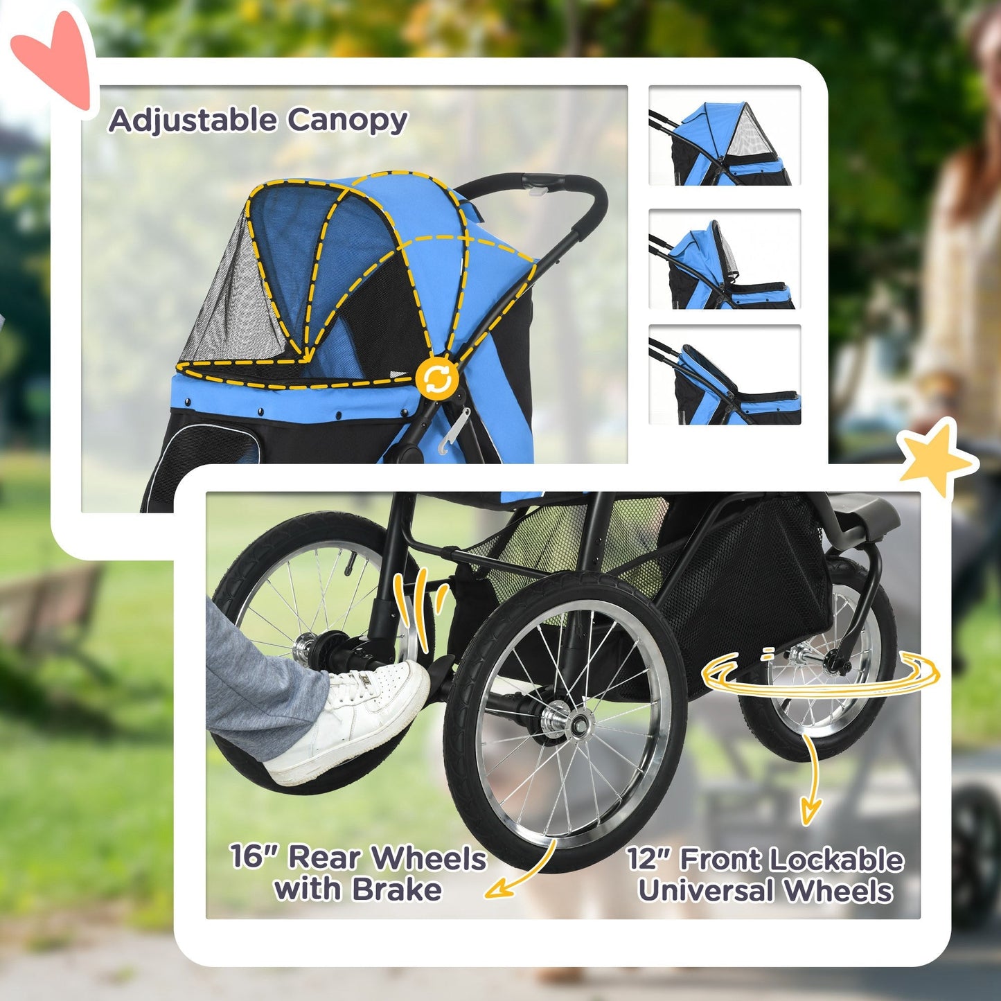 Pet Stroller Large Wheels Easy Fold