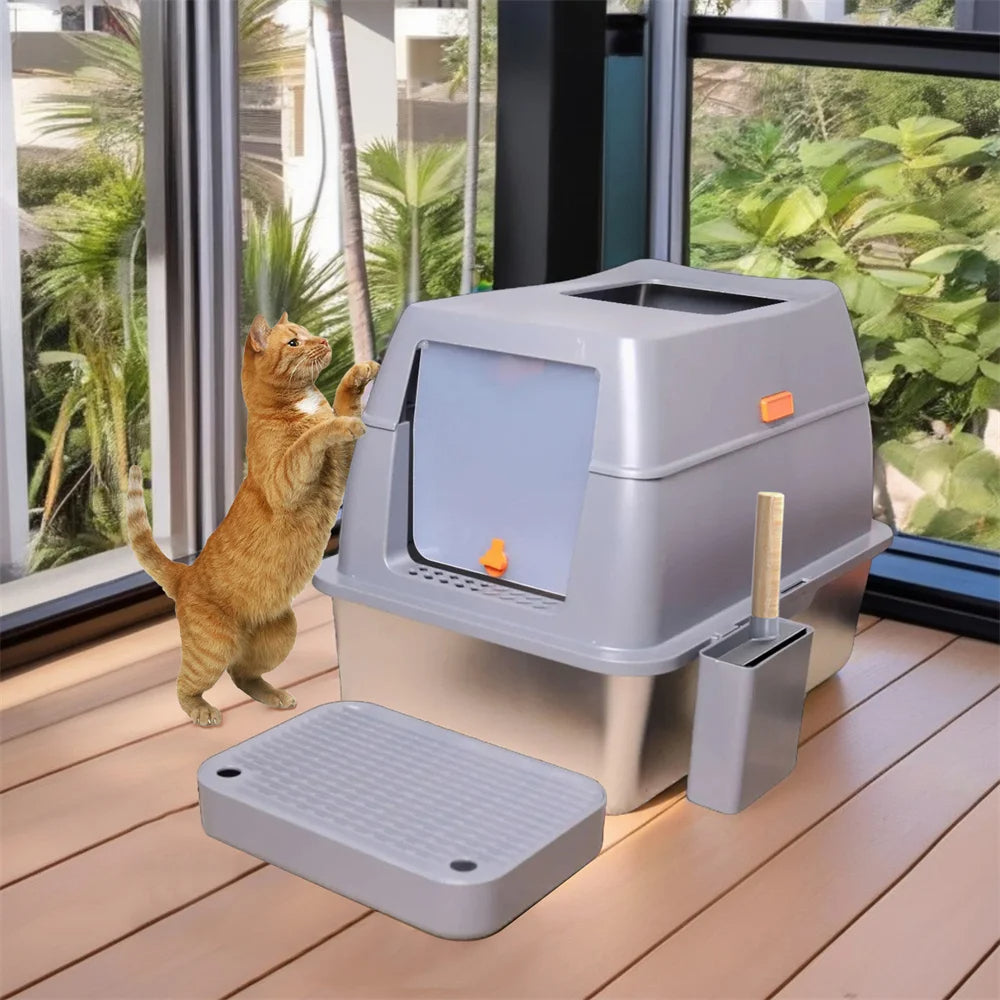 Stainless Steel Covered Cat Litter Box with Accessories