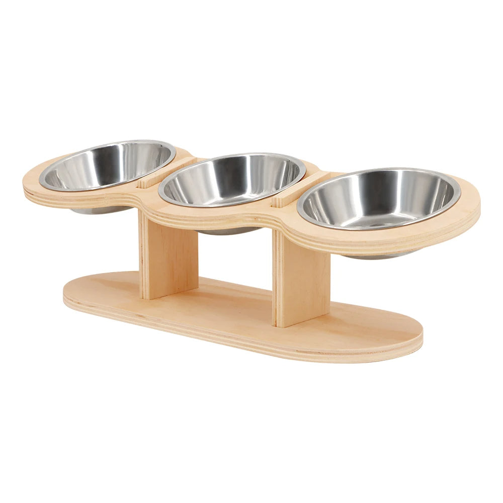 Wooden Cat Feeder 3 Metal Bowls Elevated