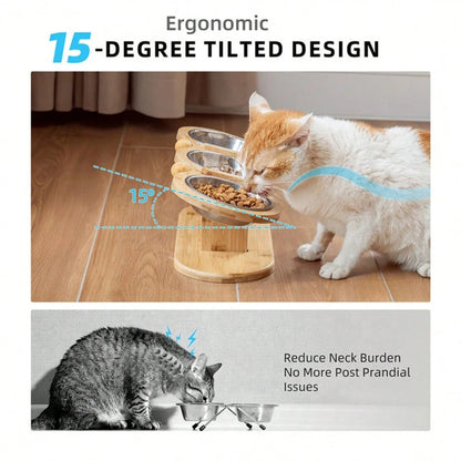 Wooden Cat Feeder 3 Metal Bowls Elevated