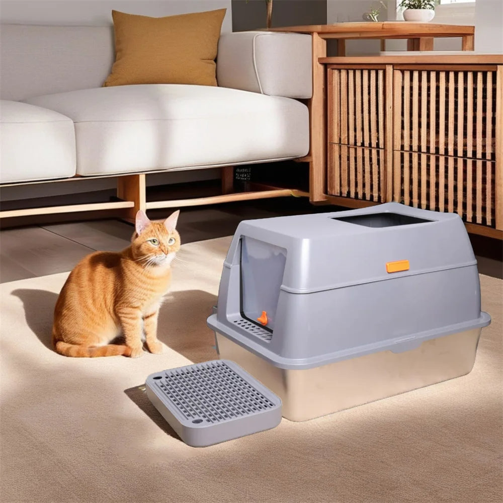 Stainless Steel Covered Cat Litter Box with Accessories