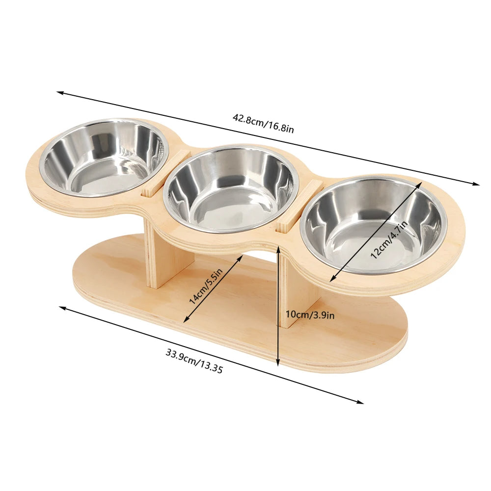 Wooden Cat Feeder 3 Metal Bowls Elevated