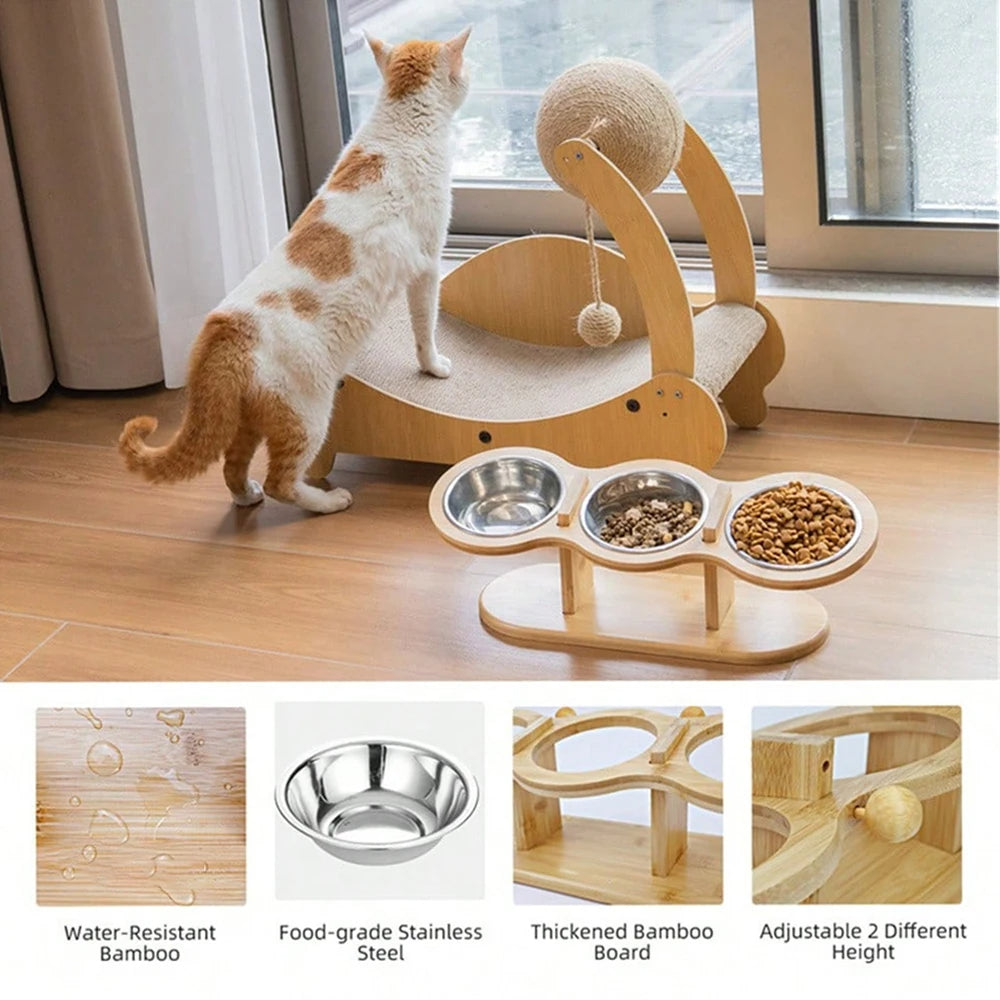 Wooden Cat Feeder 3 Metal Bowls Elevated