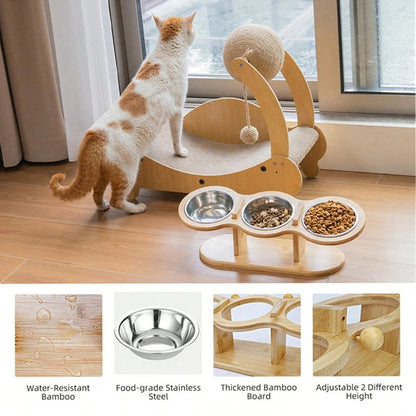 Wooden Cat Feeder 3 Metal Bowls Elevated