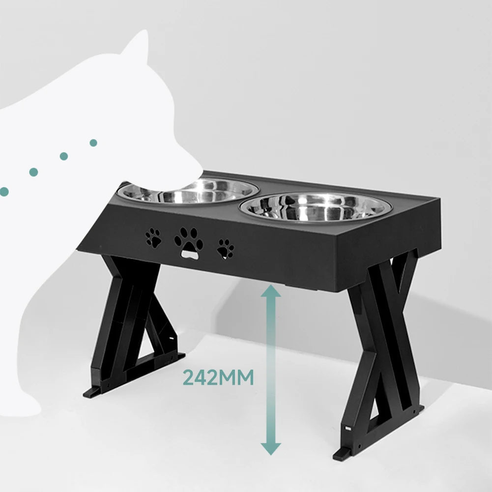 Adjustable Raised Dog Feeder Stainless Steel 2 Bowls