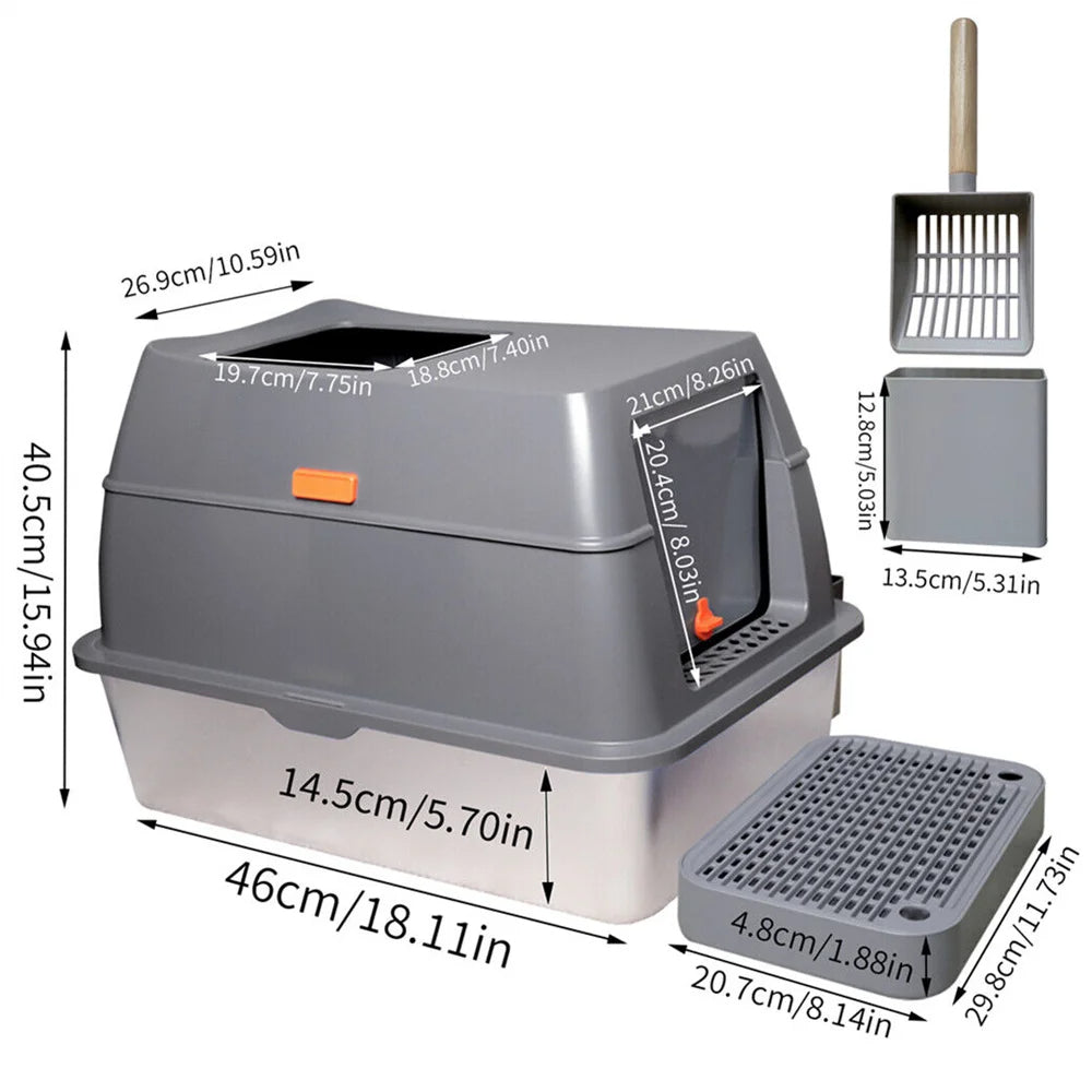 Stainless Steel Covered Cat Litter Box with Accessories
