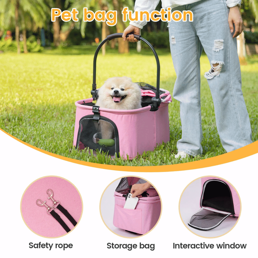 Folding Pet Stroller Removable Carrier Storage