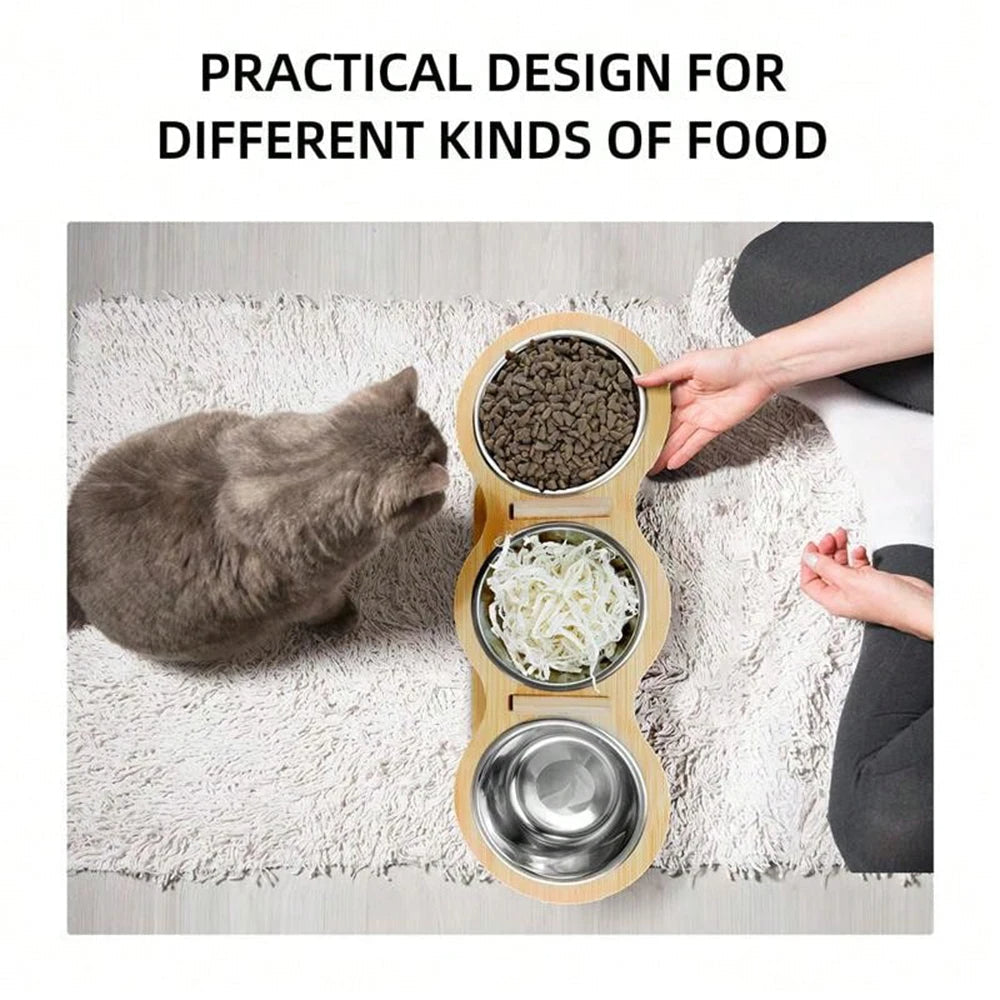 Wooden Cat Feeder 3 Metal Bowls Elevated