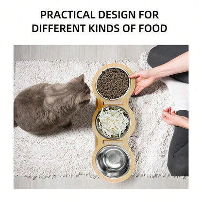 Wooden Cat Feeder 3 Metal Bowls Elevated