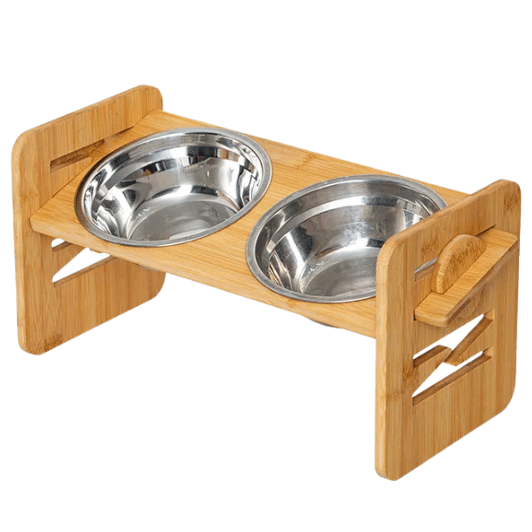 Portable Pet Feeder Adjustable Height 2 Metal Bowls