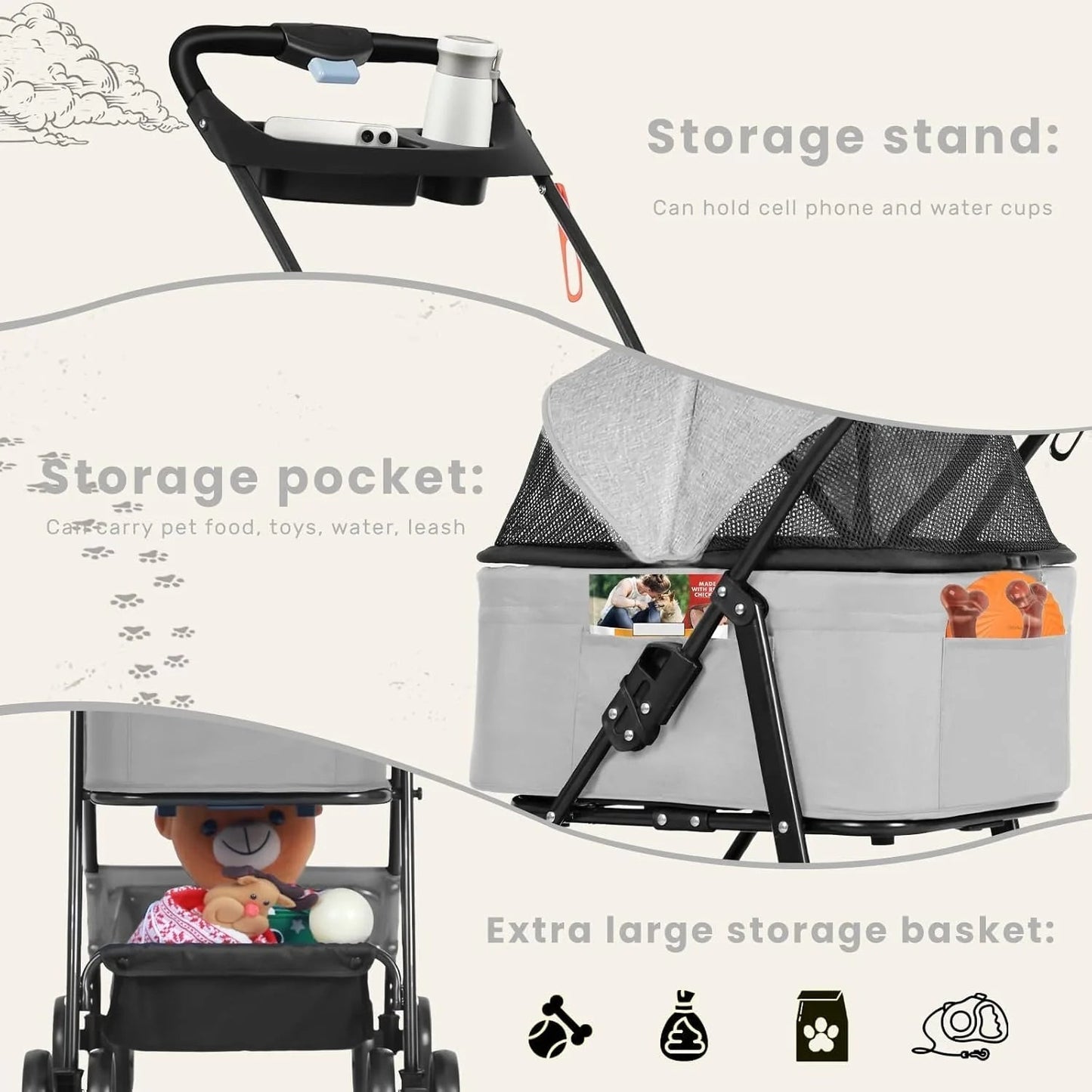 Collapsible Pet Stroller Large Storage Basket
