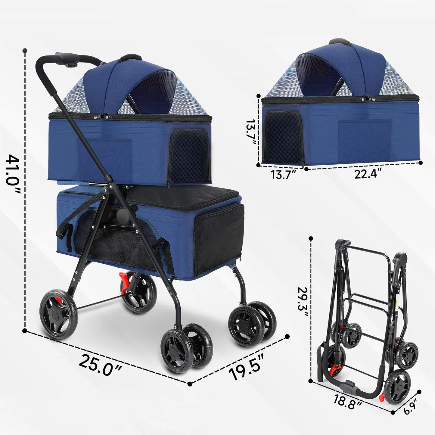 Dual Pet Collapsible Stroller For Dogs Cats