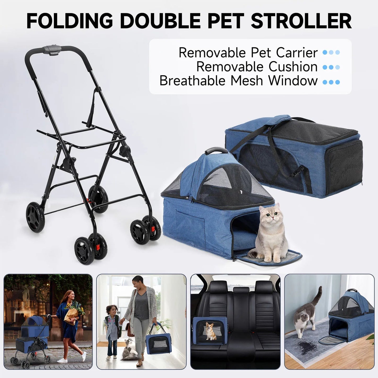Dual Pet Collapsible Stroller For Dogs Cats
