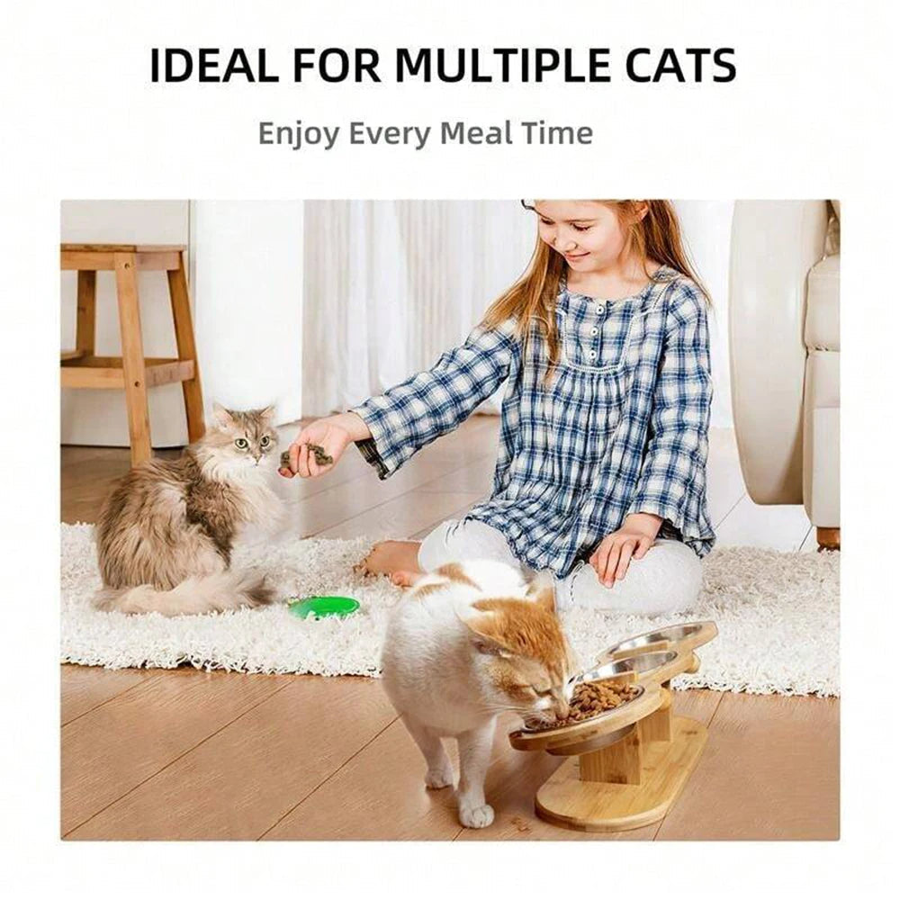 Wooden Cat Feeder 3 Metal Bowls Elevated