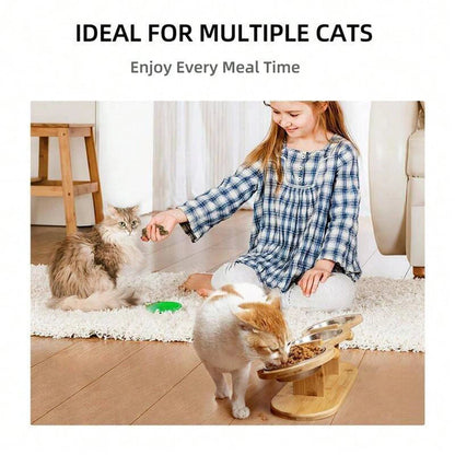 Wooden Cat Feeder 3 Metal Bowls Elevated