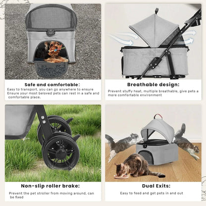 Collapsible Pet Stroller Large Storage Basket