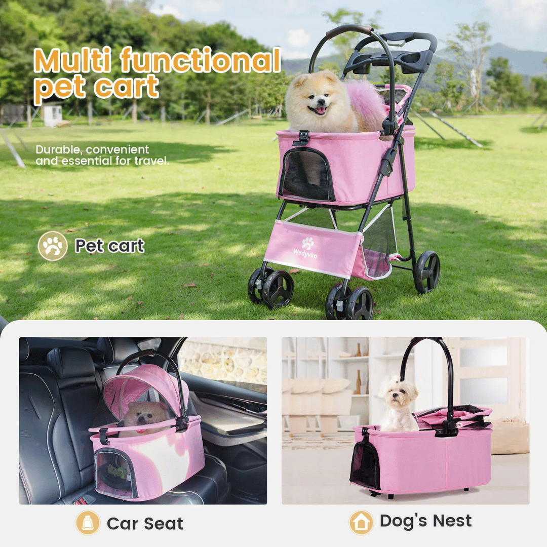 Folding Pet Stroller Removable Carrier Storage