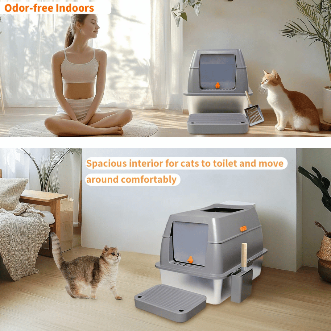 Stainless Steel Covered Cat Litter Box with Accessories