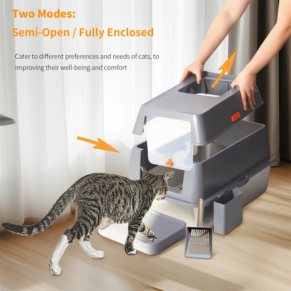 Stainless Steel Covered Cat Litter Box with Accessories