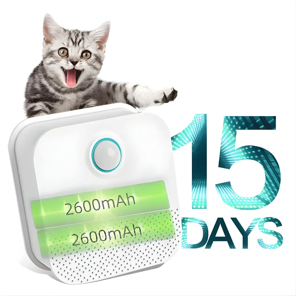 Air purifier with battery pack with '15 days' text and a cat on a white background