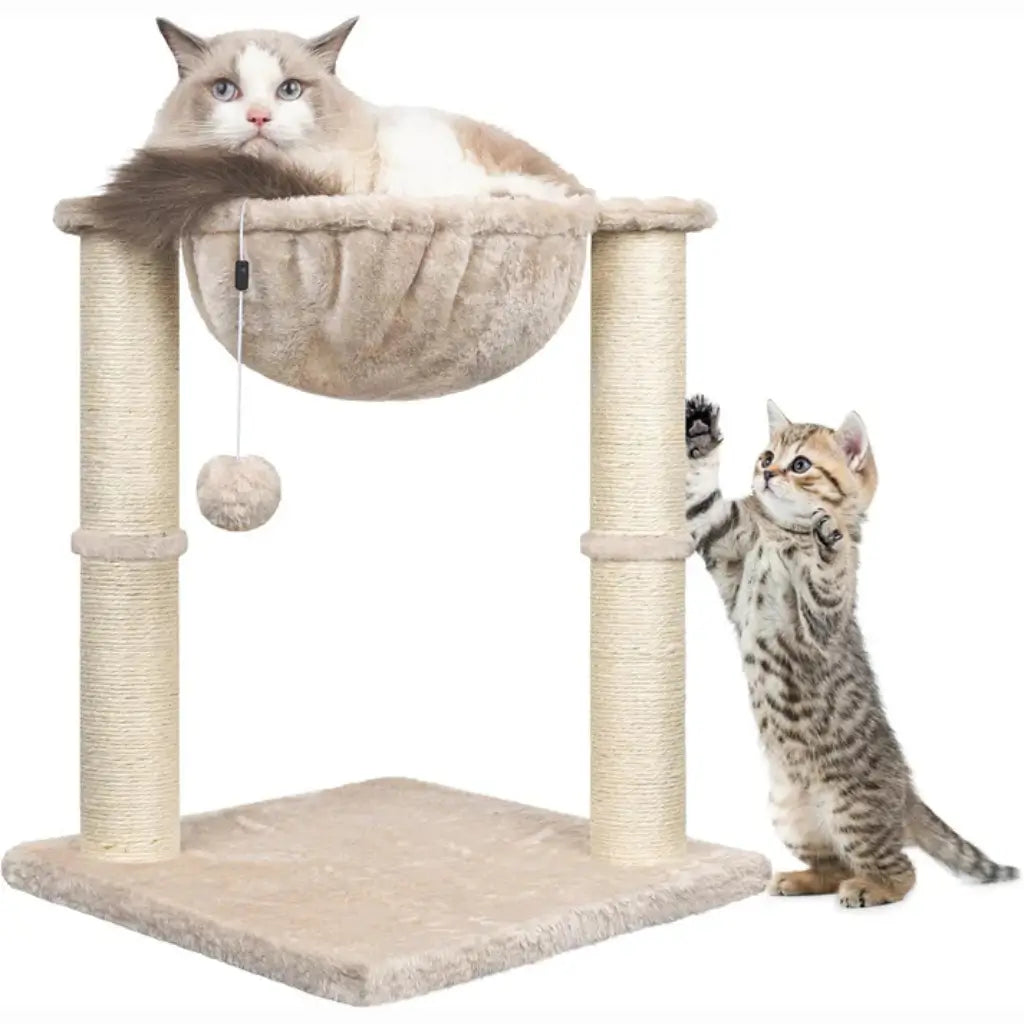 Beige Cat tree with two cats on a white background