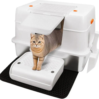 Beige cat litter box with a cat peeking out from under the lid on a white background