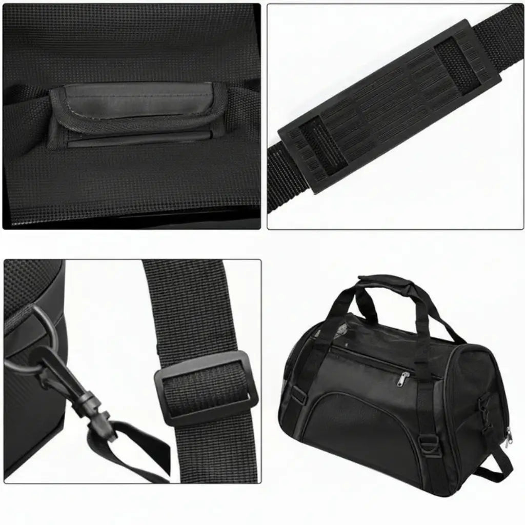 Black pet carrier with detailed views of its strap and structure on a white background