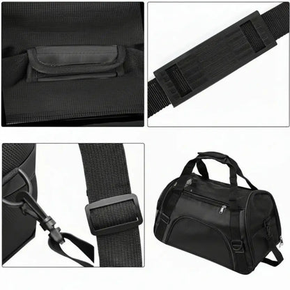 Black pet carrier with detailed views of its strap and structure on a white background