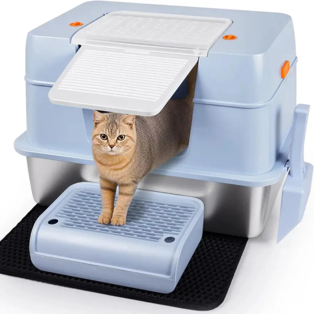 Blue cat litter box with a cat peeking out from under the lid on a white background
