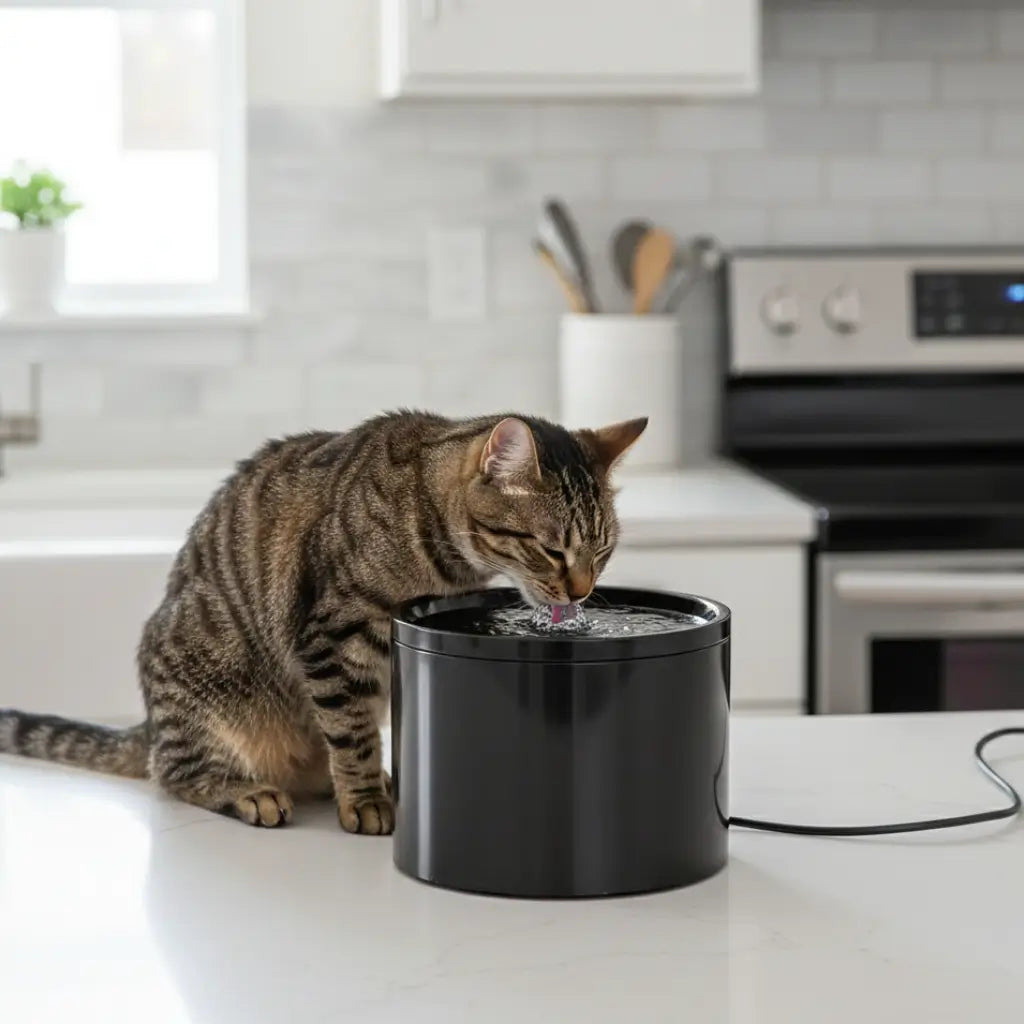 Cat drinking from a black ceramic cat water fountain in a kitchen