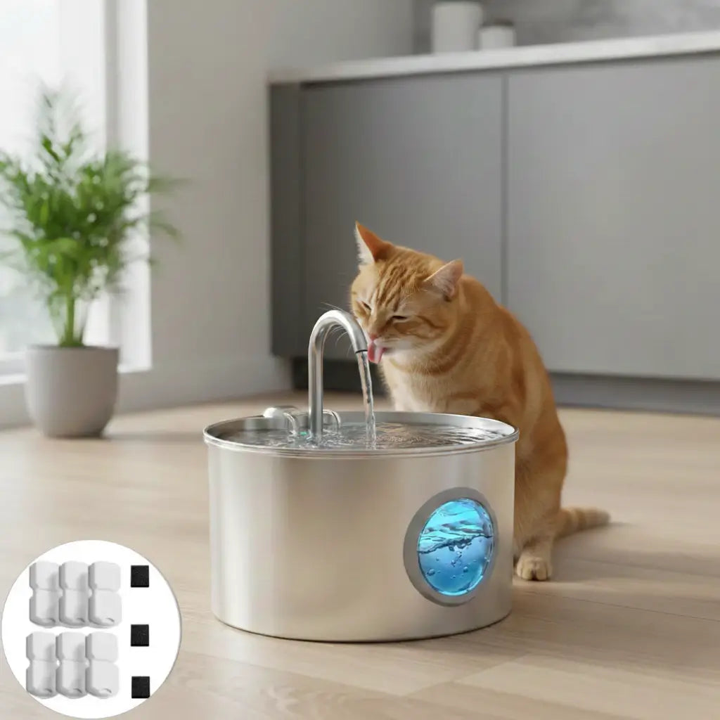 Cat drinking water from a stainless steel pet fountain with extra filters in a modern kitchen