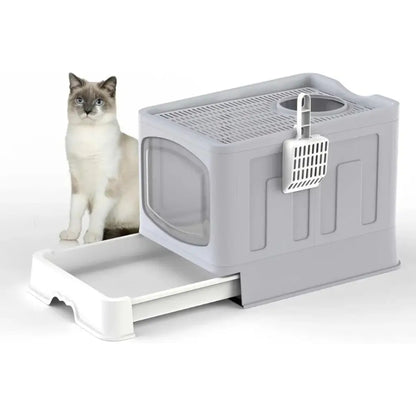 Cat Litter Box Large Slide-Out Tray & Scoop Foldable - Pupporia