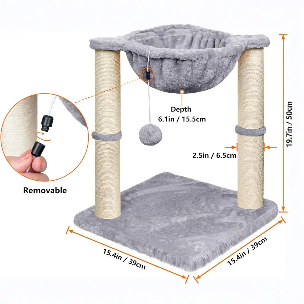 Cat tree with dimensions and features highlighted on a white background